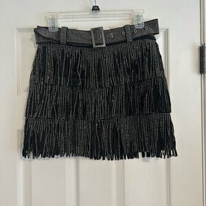 New Black Studded Fringe Mini Skort with Belt